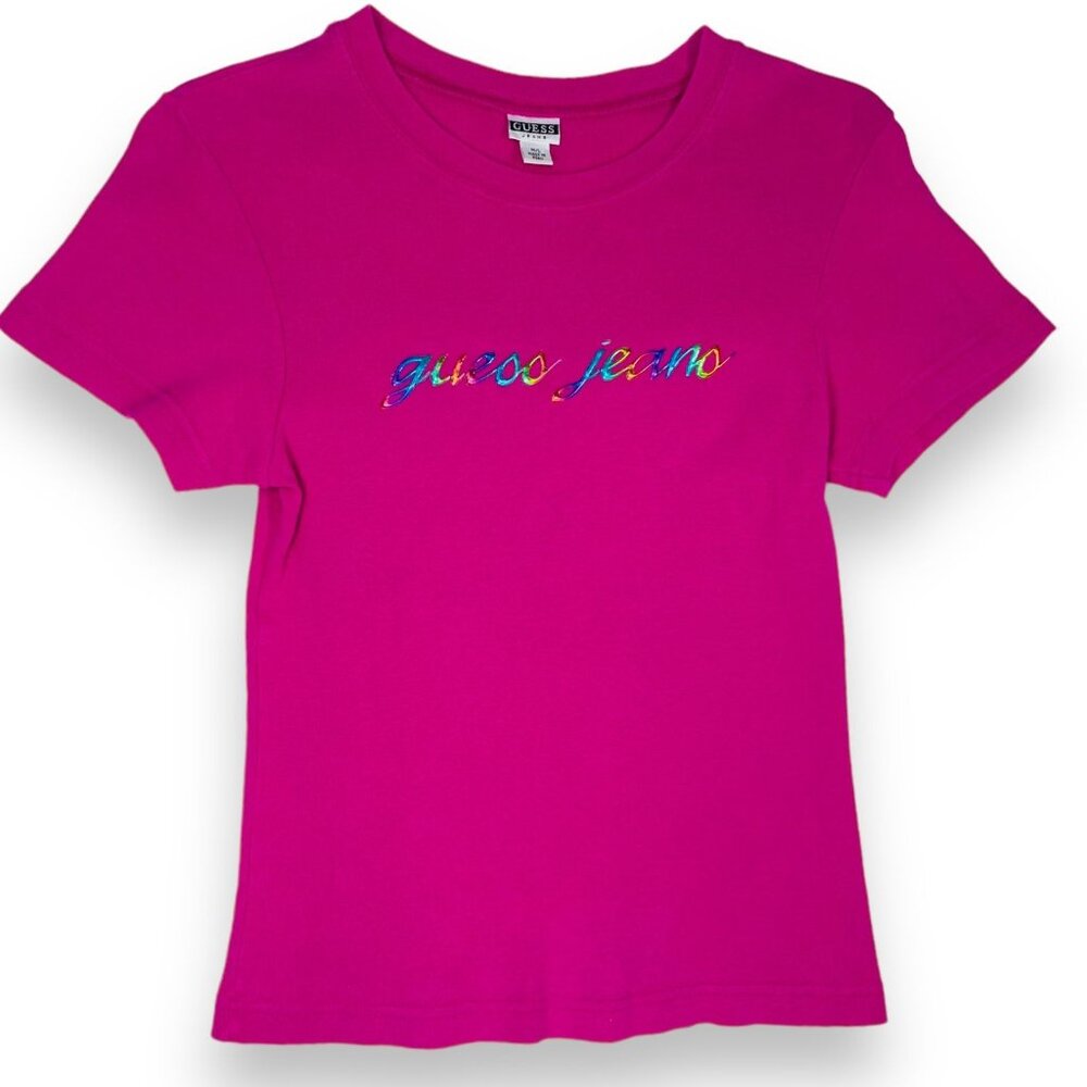 Vintage GUESS 90s Y2K Pink Rainbow Letter Pink Short Sleeve T Shirt Top M